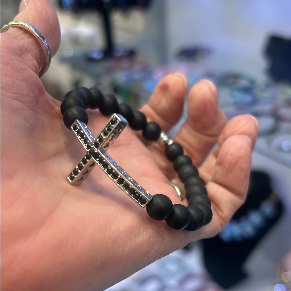 Matte Black Onyx semi precious  beaded bracelet with Silver Cross
